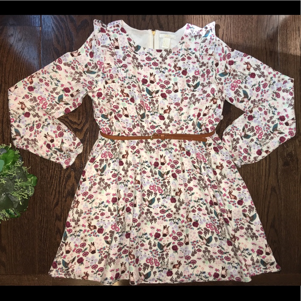 Girls forest bunny rabbit print dress with ruffles